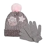 L.O.L. Surprise! Grey Chenille Knit Hat with Pink Rhinestone Sewn on Patches and Pink Pom-Poms & Matching Stretchable Magic Gloves set