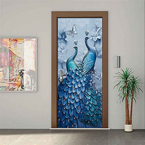ZOOINB 3D Türposter Selbstklebend Tür Aufkleber Wandbilder Pvc Wasserdicht Geprägter Blauer Pfau Türaufkleber Wohnzimmer Schlafzimmer Home Wanddekorationen Tapete Wandtattoo 77X200Cm Cover