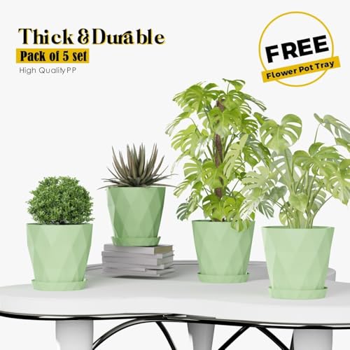 Image of OCRETA Set of 5 | 6.5 Inch Flower Pots for Home Decoration, Flower Pots for Garden Plants, Gardening Pots, Big Pots for Plants, Plastic Flower Pot, Indoor Plant Pots, Pots for Plants (Vibrant Radium)