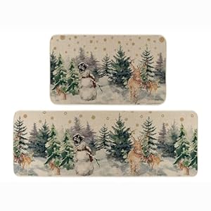 Christmas snowman reindeer with scarf decorative kitchen rugs set of 2 seasonal winter welcome xmas home decor low profile kitchen mats for floor 17×29 and 17×47 inch  urban country home decor