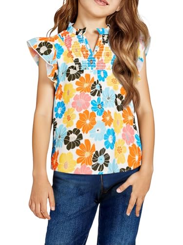 Image of Haloumoning Girls Ruffle Short Sleeve Floral Chiffon Blouses Kids Summer Shirts Tops 5-14 Years