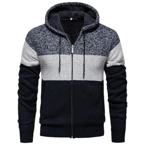 Vsadsau Men Hooded Knitted Cardigan Sweater Fall Winter Thickened Jumpers Casual Color Block Sweater