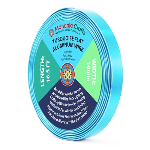 Image of Mandala Crafts 10mm Turquoise Flat Aluminum Crafting Wire for Sculpting | 16.5 FT, Anodized, Colored, Tarnish Resistant, Bendable, Flexible, for Jewelry Making, Bezel, Bonsai, Armature, Outdoor