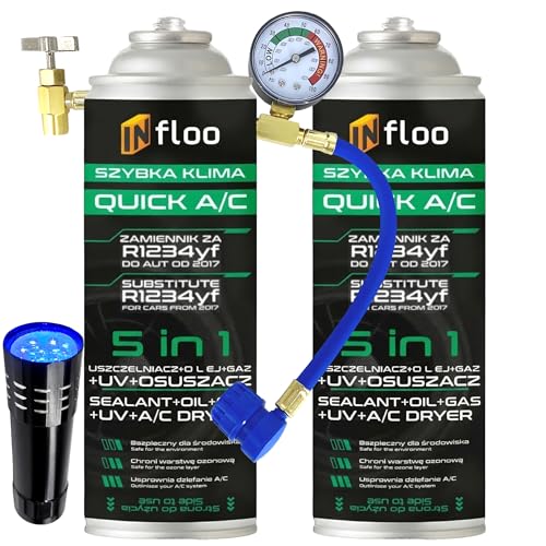 INfloo Quick A/C Sostituto del gas R1234yf 5 in 1, 2x205 g + tubo con manometro LP e torcia UV, gas olio sigillante UV essiccatore per climatizzatore auto dal 2017