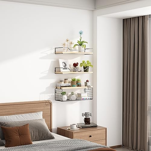 TACHWD Floating Shelves Wall Mounted,Wood Bathroom Shelf Over Toilet with Paper Storage Basket, Wall Decor Farmhouse Floating Shelf for Bedroom, Living Room, Kitchen,Office (Light Rustic) - Thumbnail 7