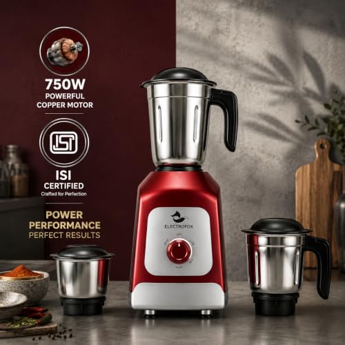 Image of Electrofox PowerMax Mixer Grinder 750 watt with 3 Stainless Steel Jars | Heavy Duty Motor | Mixer Grinder for Kitchen with 3 Speed Control & Pulse Function 4 Years Warranty (Red & Silver)