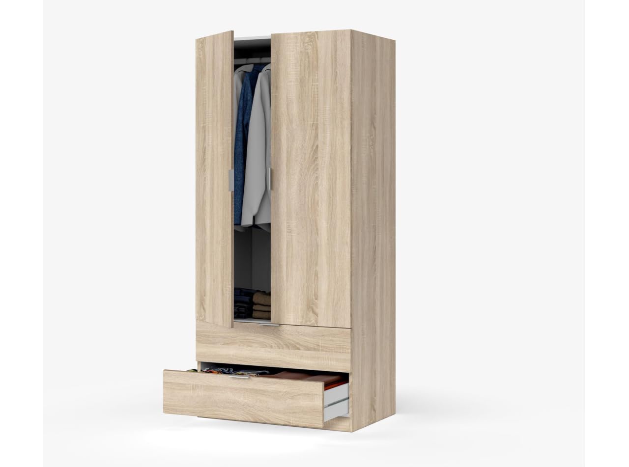 LOUNGITUDE - FANNY - Armoire penderie - 2 portes + 2 Tiroirs - Chêne clair - L81,2 x P52 x H180cm
