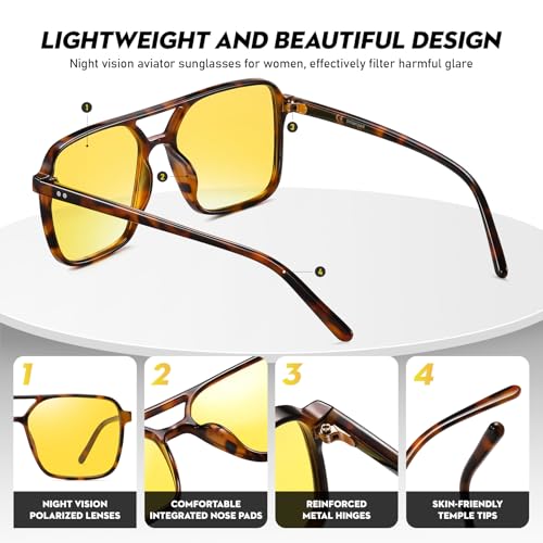 Night Vision Driving Glasses for Women 70s Aviator Sunglasses Double Bridge Anti Glare Glasses4