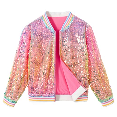 LOLANTA Blouson Bombardier à Poches Zippées à Paillettes pour Filles Veste de Baseball à...
