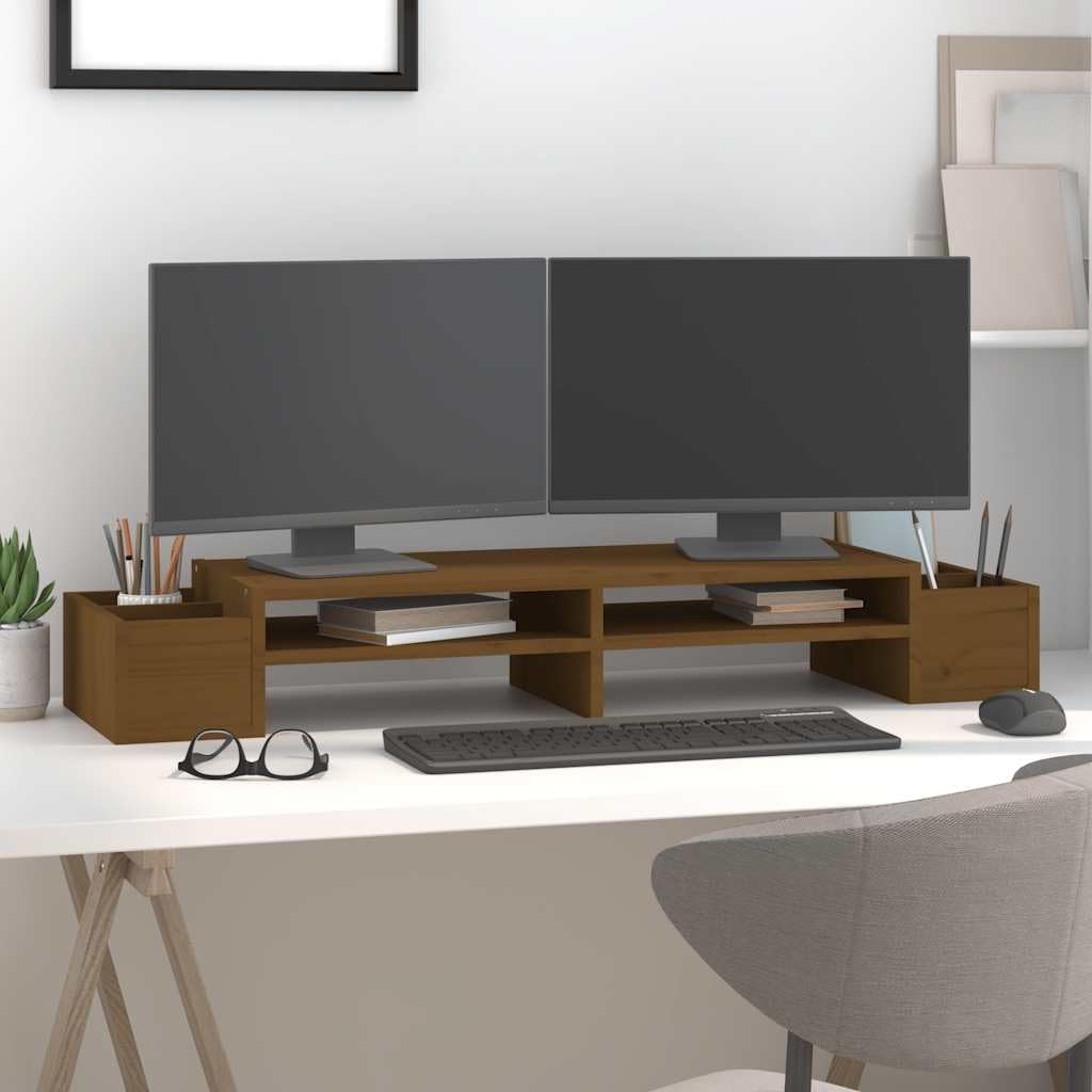 Monitorständer Honigbraun aus massivem Kiefernholz 100x27,5x15 cm mit Stauraum für Tastaturablage und Büroorganisation ideal für Homeoffice, Gaming und Studium