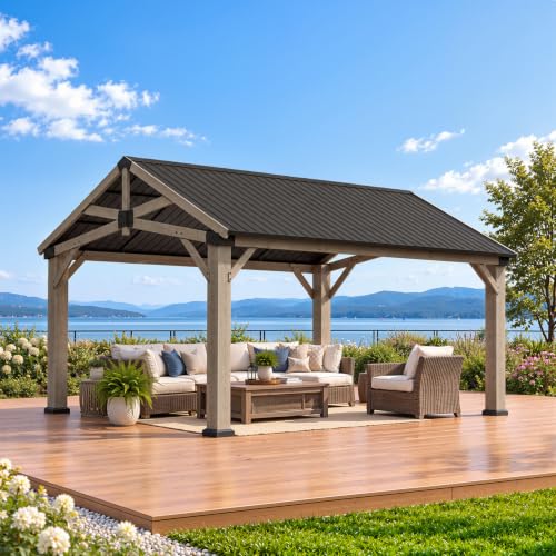 Aoxun Cedar Wood Gazebo 12' x 16' with Gable Galvanized Steel Roof, Gray