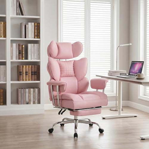 Image of Big and Tall Office Chair 400 LBS, Scratch-Resistant PU Leather Executive Ergonomic Desk Chair with Footrest, Lumbar Support, Wide Reclining Computer Seat for Home Office, Pink