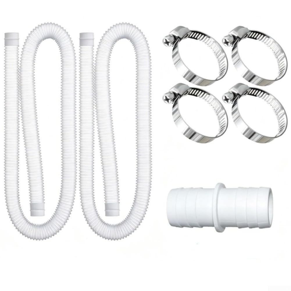 Replacement Pool Hose 2 Packs 1.5 Meter 32mm PE Flexible Water Pipe for Intex/Bestway/Coleman Above Ground Pool Pump Filter Systems 300/330/530/1000 GPH with 4 Metal Clamps(1.5m White Pipe)