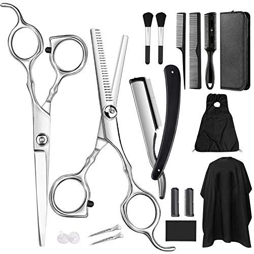 18pcs Professional Hair Scissor Hair Cutting Scissors Combs,Clamps,Straight Edge Razor,Barber Cape,Icnow Hair Cutting Razor Thinning Scissor Hairdressing Shears Kit for Barber Salon Home Pets