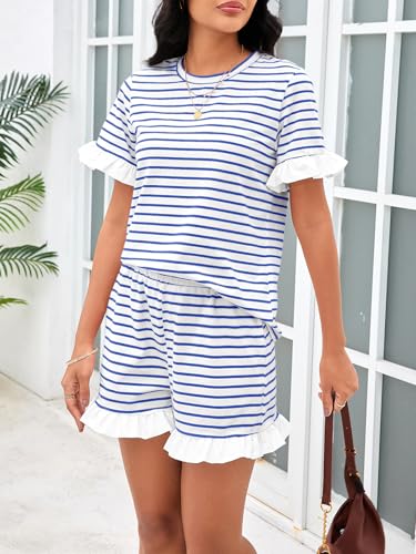 Image of Tankaneo Womens 2 Piece Striped Shorts Set Ruffle Short Sleeve Tops Hight Waist Shorts Matching Sets Summer Vacation Outfits
