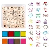 JarThenaAMCS 44 Pcs Full of Energy Wooden Rubber Stamps Kit with Craft Ink Pads Cute Daily Pattern DIY Craft...