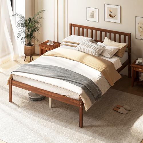 Image of GIANTEX Wood Full Size Bed Frame with Headboard, Mid Century Solid Wood Bed with Slat Support, No Box Spring Needed, Double Bed Frame with 16 inch Under Bed Storage, Walnut