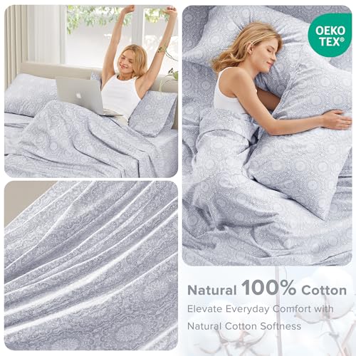 Comfort Spaces 100% Cotton Sheets Queen, Breathable, Naturally Cool Cotton Sheets, Soft Cotton Bed Sheets with 14" Elastic Pocket Fits up to 16" Mattress, All Seasons Sheet Set, Adelia Gray 4 Piece