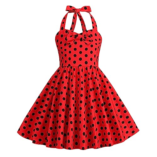 Kids Girls 50s Vintage Polka Dot Dress Retro Rockability Girls 1950s Princess Girl Retro 1950s Dresses Kid Halter Party Dress for Carnival Christmas Dresses for Girl Polka Dot Red 7-8 Years