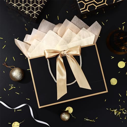 Image of JMANNI Gift Bags with Handles, 13 inch Medium Gift Bag for Presents, 1 Pcs Bags with 2 Tissue Paper and 1 Cards for Graduation Baby Shower Wedding Fathers Day Mother's Day Birthday Party (Golden-Black)