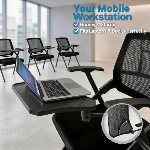 Image of Folding Training Chairs with Desk Attached, Office Meeting Chair with Writing Tablet & Cup Holder, Space-Saving Nesting Stackable Chairs with wheel for Conference Room,Seminar, Classroom Chair,Black∰w