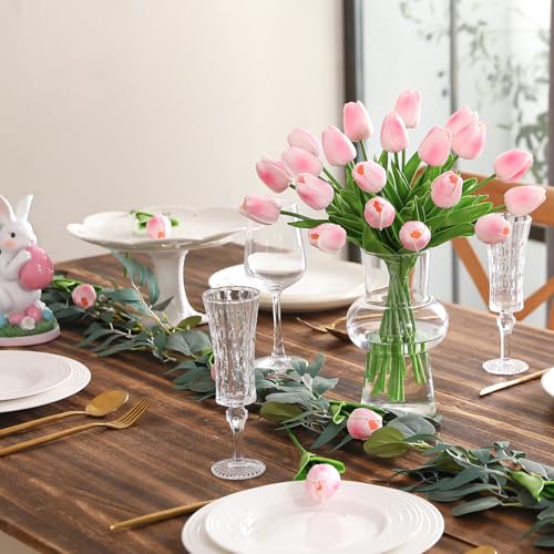 Image of Pink Fake Tulips Artificial Flowers - 24 Pcs Artificial Silk Pink Tulips Faux Flowers with Stems for Home Wedding Hotel Office Centerpiece Decor