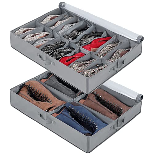 Rangement Chaussure sous Lit Lot de 2, Pour 16+4 Paires de Bottes, Grand Boîte à Chaussures Rangement Tissu Organisateur Gain de Place, Sacs à Chaussures Pliables avec Support Inférieur Robuste