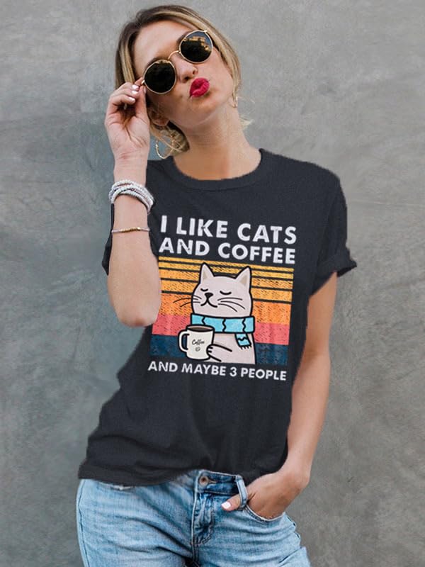 Cat Shirt I Like Cats and Coffee and Maybe 3 People Graphic T-Shirt Vintage Cat Lover Shirts Retro Coffee Lover Gift Tee Tops4