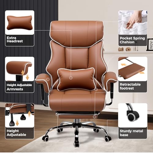 COMHOMA Big and Tall Office Chair 400lbs High Back Leather Executive Chair with Ergonomic Lumbar Support & Pocket Spring Cushion for Lower Back Pain Relief, Computer Gaming Chair with Foot Rest, Brown