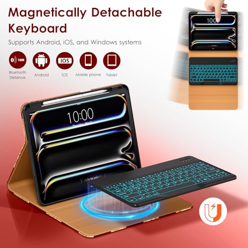 Image of DTTO for iPad Pro 13 Inch Case with Keyboard M5 /M4 2025 /2024, 7 Colors Backlit Wireless Detachable Keyboard Premium Leather Folio Cover with Pencil Holder & Pocket, US Flag