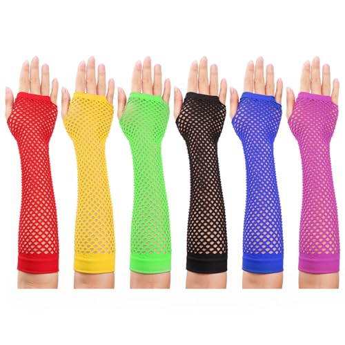 12 Pairs Neon Fishnet Gloves, Long Fingerless Arm Sleeves for Women, 80S Party Halloween Costume Accessories, Stretchy Mesh Rave Outfits for Cosplay