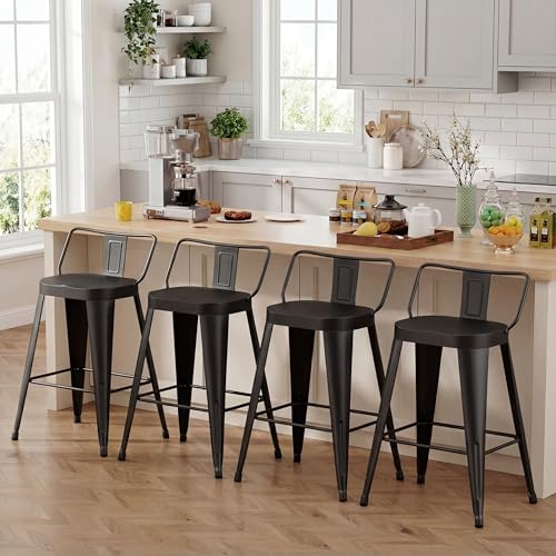ALISH 24 Inch Bar Stools Set of 4, Industrial Metal Barstools Farmhouse Bar Chairs with Large Seat...