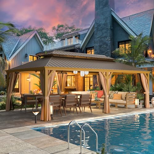 MELLCOM 14'x24' Gazebo, Wooden Finish Coated Aluminum Frame Pergola with