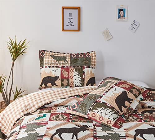 Moose Lodge Lightweight Bedspread Coverlet - All Season Queen Bedding Cover With Shams,Plaid Bear Deer Printed Quilt Set Bedding Set,Rustic Country Cabin Reversible Summer Comforter Blanket Bed Cover #TOP5