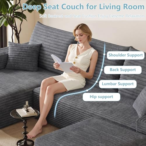 Image of 95 inch Cloud Sectional Couch with Ottoman,Modern U-Shaped Cloud Couch with Deep Seat,Comfy Corduroy Sofa,Memory Foam Sofa for Living Room,No Assembly (Dark Gray,Left-Facing Chaise)