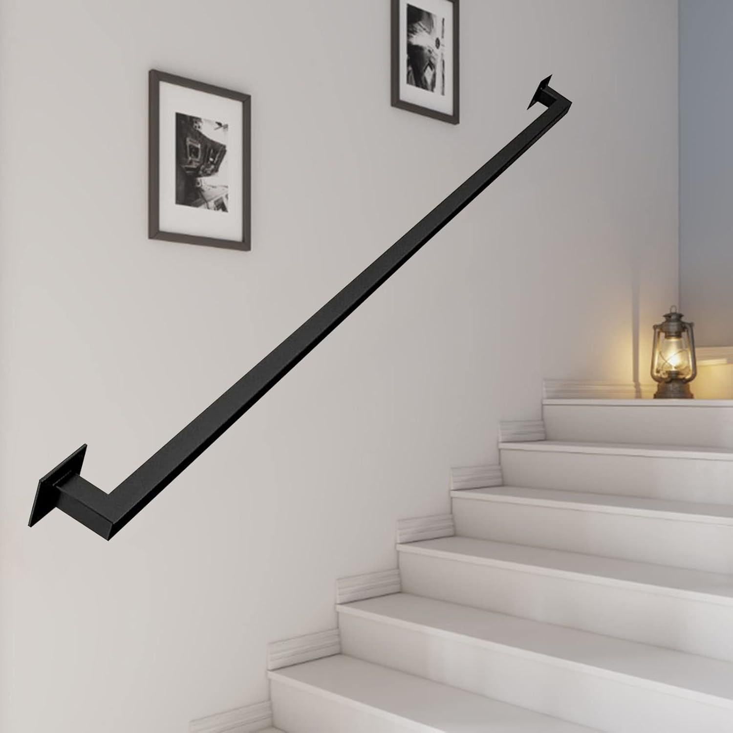 1ft-20ft Staircase Handrail with Wall Mount Support Industrial Loft Square Pipe Banister Metal Galvanized Steel Grab Bar Hand Railing Indoor Outdoor Deck Hand Rail, Matte,Black 1ft