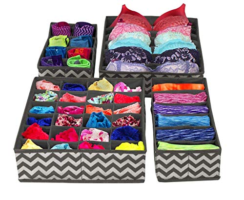 Image of Set of 4 Fabric Foldable Closet Drawer Dividers Wardrobe Under Bed Organizer for Clothes, Shoes, Undergarments, Bra, Socks Bra Tie Scarfs (Grey Wave)
