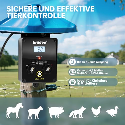 230V Weidezaungerät mit LCD-Anzeige, Briidea 12.000 V 3 Joule Elektrischer Zaunladegerät, 10 km Reichweite, Sicherer und Effektiver Tierschutz für Nutztiere, Garten und Weide