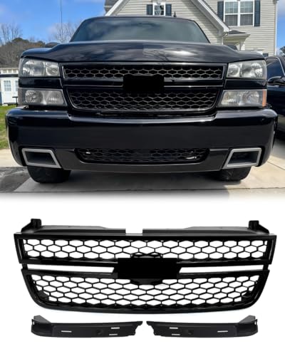 SAIQINGSP Grille Assembly Compatible with 2003-2007 Silverado 1500 2500HD 3500HD Gloss Black Bumper Grill Assembly Replace For 15276048