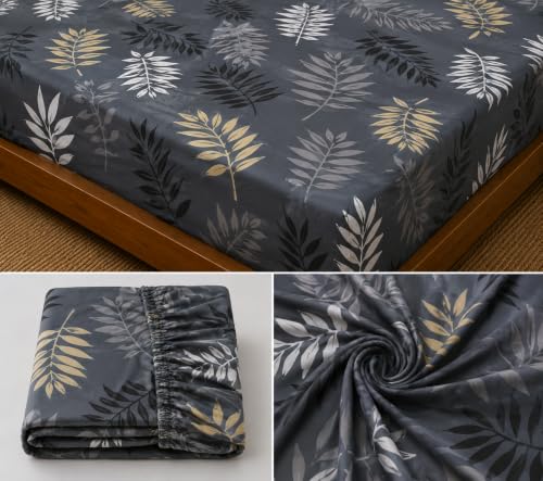 Image of Fitted Bedsheet Grey Leafy Print Glace Cotton 210 TC | Full Single Size for Single Bed Fits 4 x 6.25 ft Mattress (48 x 75 Inch) | All Around Elastic | 2 Pillow Covers | 7 Inch Deep Pocket