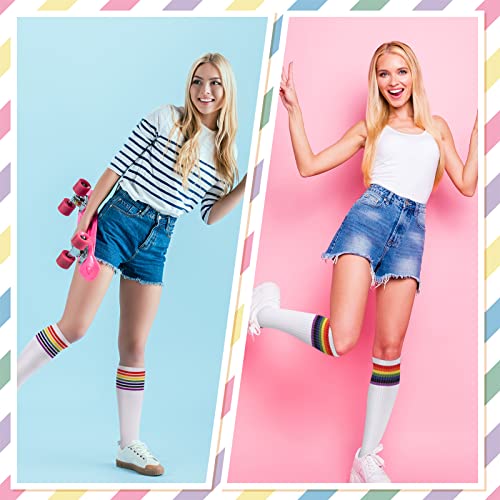 12 Pairs Rainbow Women's Knee High Socks Long Colorful Pride Striped Socks Thin Socks (White) #TOP6