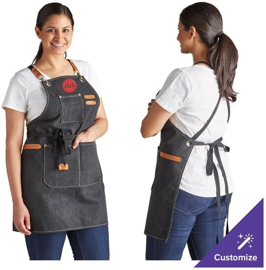 Miniatura 6 de 2 delantales de lona negra con espalda cruzada, 29 x 26.5 pulgadas, 3 bolsillos, peso pesado, personalizable, lavable a máquina, para chefs,