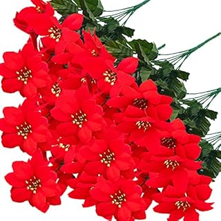 MELAJIA 6PC Artificial Christmas Flowers Red Velvet Poinsettia Floral Bouquet Festival Holiday Decorations Indoor or Outdoor Use