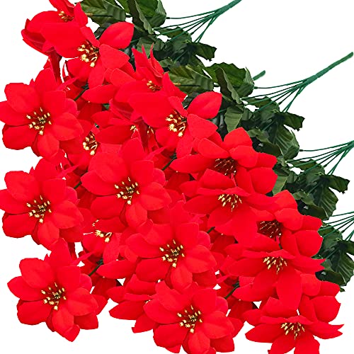 Melajia 6 Pack Christmas Artificial Flowers Gift Red 7 Heads Velvet Poinsettia Floral Bouquet Winter Holiday Decoration Indoor Or Outdoor Use #TOP11
