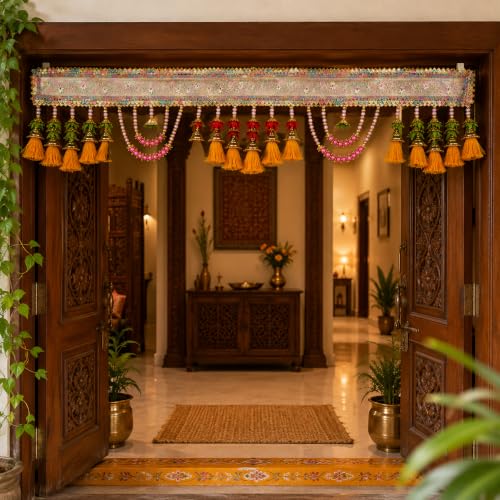 Image of ONESTA Traditional Handmade Door Toran for Main Door | Decorative Bandarwal with Pearl Beads Floral Embroidery & Tassels | Festive Door Hanging for Diwali Navratri Wedding Housewarming & Home Decor 3 Feet (Size 36 Inch Pack 01)
