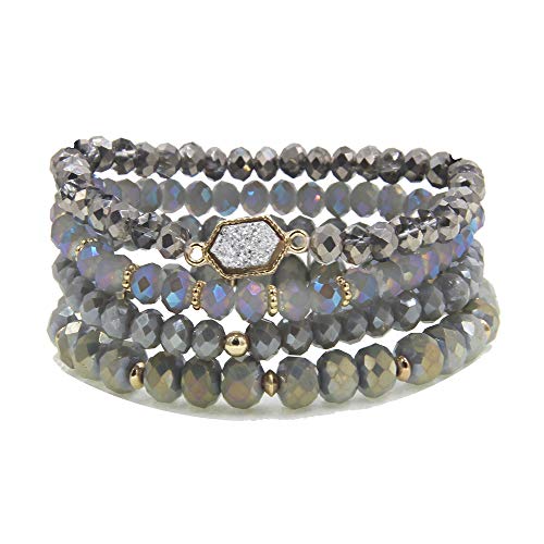 Image of Gold Beaded Bracelet Set, Square Stone Hexagon Druzy Stretch Beaded Stackable Bracelets Bangles