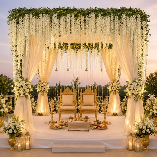 Image of Tia Crafts Polyester Artificial Hanging Flowers For Ceiling Balcony | White Wisteria Vine | Home Party Decor Garden Outdoor Greenery Wall Decoration | Waterproof Washable 3.7Ft /Pack Of 12 (White, 12)