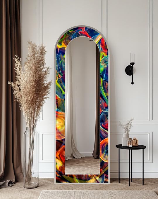 Specchio da terra con motivo astratto arcobaleno a vortice, lunghezza completa, 50,8 cm x 160 cm (larghezza x altezza), con cornice nera e cornice argentata
