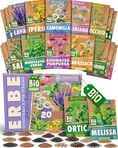 ZenGreens® - Set di Semi di Erbe Officinali e per Tisane bio (20 pezzi) - 20 Semi per Coltivazione Facile in Giardino, Balcone o Serra - Semi da Piantare - Sementi