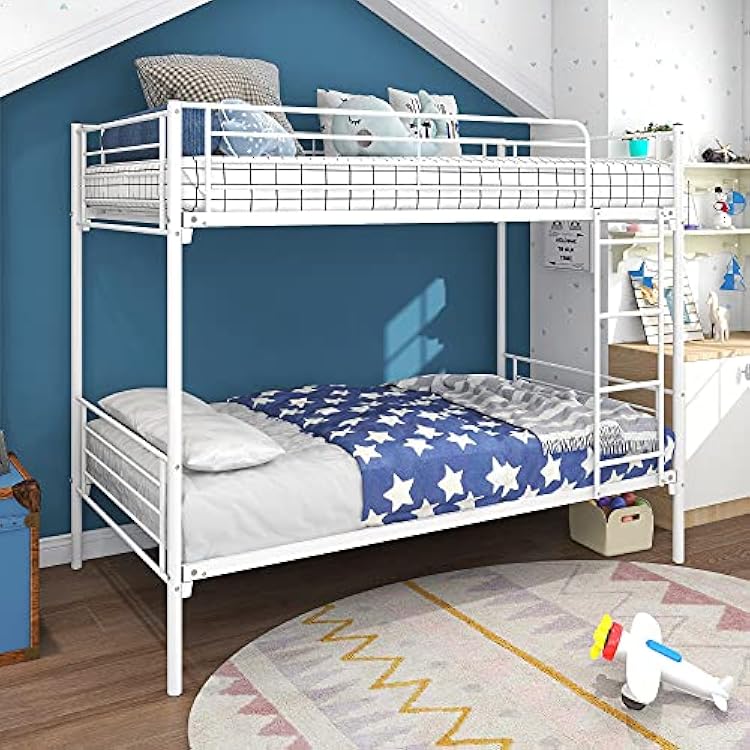 Twin Over Twin Bunk Bed , bunk Bed Twin Over Twin,Removable Ladder & Safety Guard Rail, Metal Twin Bed Frame - White.
